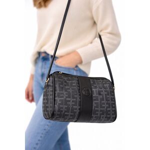 Sarné Vintage Monogram Faux Leather Shoulder Crossbody Bag Black Gray